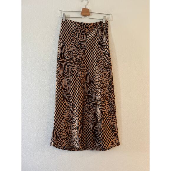 Amuse Society High Rise Midi Skirt Size S Tan Brown Black Leopard Animal Geo - Picture 3 of 9